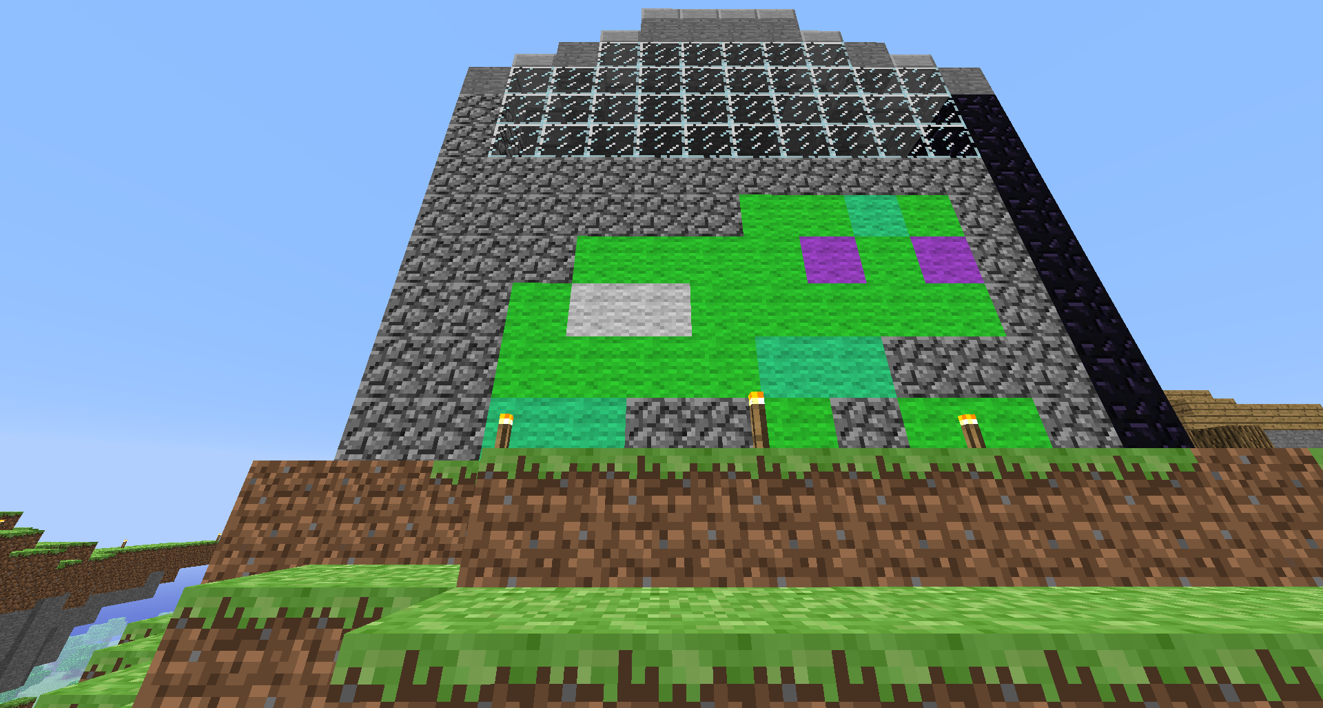 Pixel art of a frog on a minecraft building